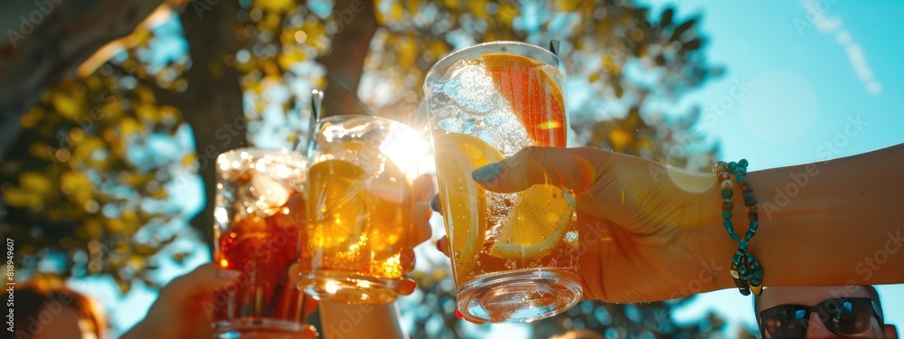 close-up of cocktails in hands on the background of nature. Selective focus close-up of cocktails in hands on the background of nature. Selective focus