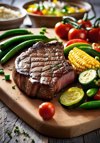 Delicious steakhouse porterhouse steak and colorful fresh roast vegetables with mangetout peas, corn, zucchini, bell pepper, potato and tomato on a wooden board, photo