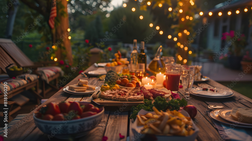 A festive table setup with traditional holiday foods, decorations, and outdoor lights for an Independence Day party.