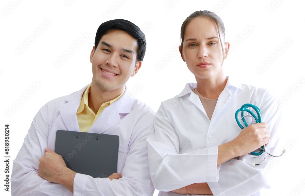 Smiling teamwork and smart of Young Caucasian Female and Asian male psychiatrist are specialist in psychiatry in Clinical treatment for emotional symptoms Smiling teamwork and smart of Young Caucasian Female and Asian male psychiatrist are specialist in psychiatry in Clinical treatment for emotional symptoms