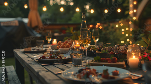 A festive table setup with traditional holiday foods, decorations, and outdoor lights for an Independence Day party. photo