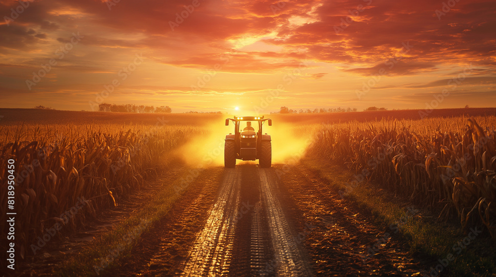 tractor working on corn wheat field in day sunligh tractor working on corn wheat field in day sunligh