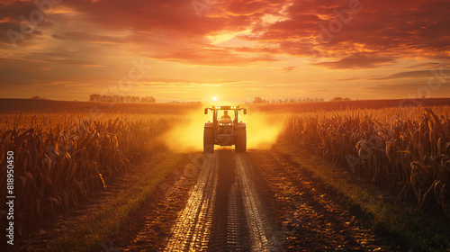 tractor working on corn wheat field in day sunligh photo