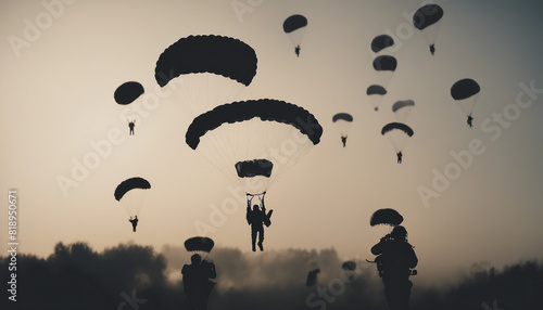 silhouettes of parachuting soldiers in the sky. photo