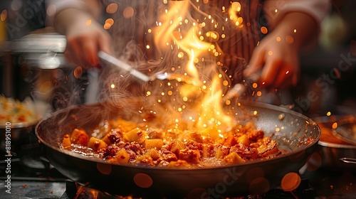 A chef is cooking food in a pan with a lot of smoke and fire