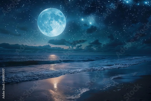 Generate a photo of a beach at night. The moon is full and bright  and the waves are gently crashing on the shore. The sand is soft and white  and the sky is dark and starry.