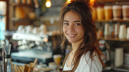 A woman with long brown hair is smiling at the camera in a coffee shop