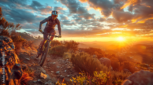 A mountain biker traverses a rocky trail at sunset, with a dramatic golden sky backdrop.