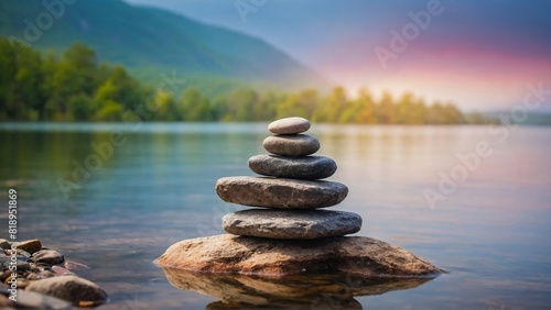 zen stones harmonizing with blurred lake nature background, soothing visuals for mindfulness posters and wellness blogs