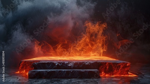 Fire lava podium rock volcano background 