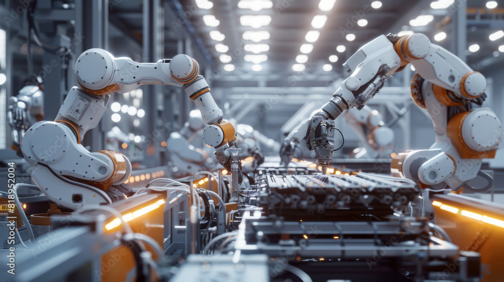 Fototapeta premium Robots performing repetitive tasks in a factory setting, engaged in monotonous industrial work