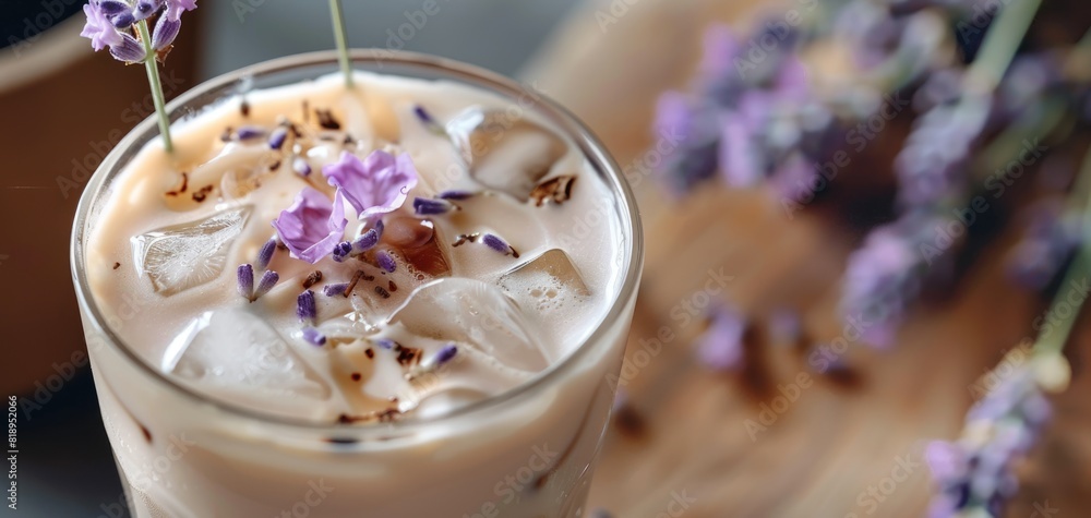 Close-up of an iced lavender latte in a glass, showcasing the delicate lavender hue and frothy top close up, beverage aesthetics, ethereal, Overlay, coffee shop Close-up of an iced lavender latte in a glass, showcasing the delicate lavender hue and frothy top close up, beverage aesthetics, ethereal, Overlay, coffee shop