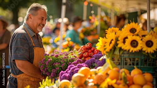 Farmerâ€™s Market: Depict a bustling farmerâ€™s market with vendors selling fresh produce, flowers, and homemade goods. Shoppers browse the stalls, carrying baskets of fruits and vegetables. The atmos