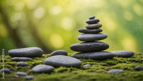 zen stones on moss arranged in perfect balance against the forest bokeh backdrop  the concept of expanding consciousness and mind  meditation at nature