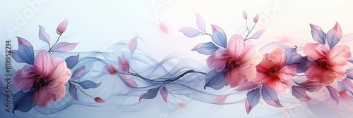 Painting of detailed pink and purple flowers set against a clean white background