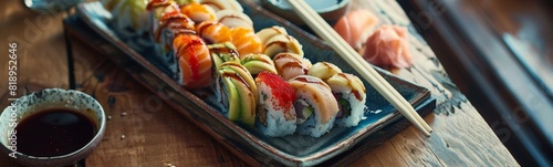 Sushi rolls on a plate with chopsticks on a table