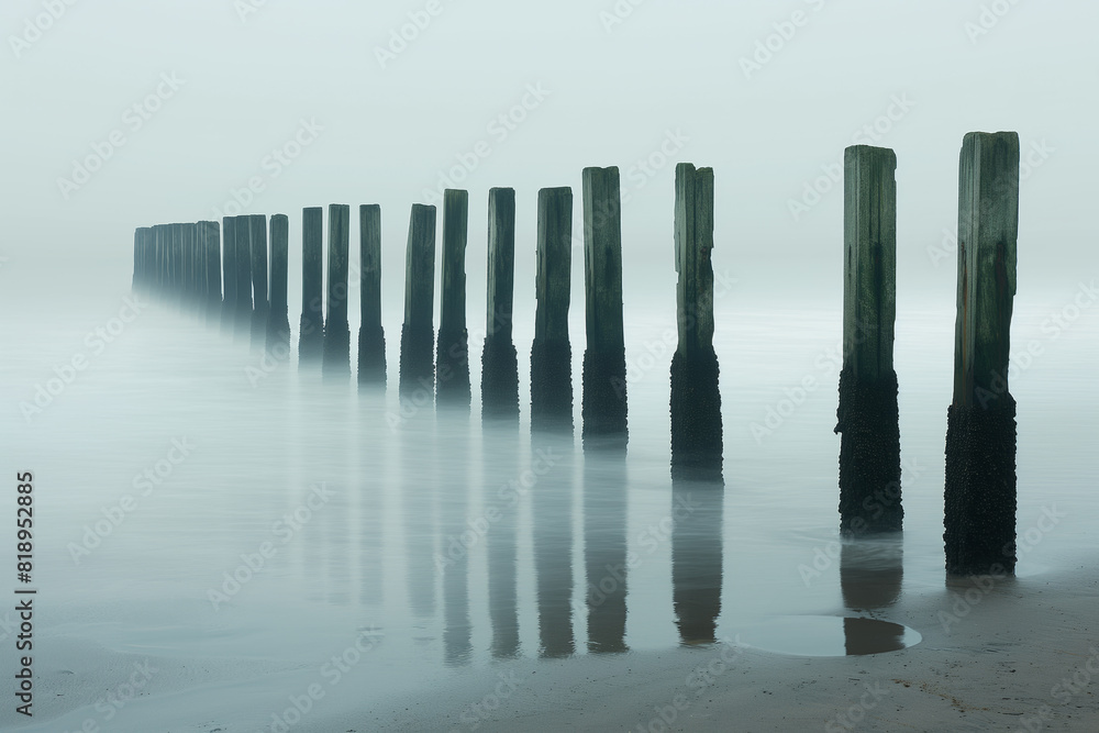A row of old wooden posts in the water on an empty beach on a foggy morning