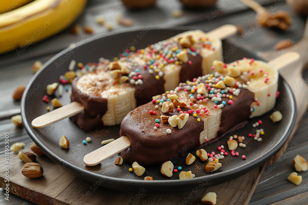 Delicious Dessert Picture: Frozen Bananas Dipped in Chocolate Decorated with various toppings, parties