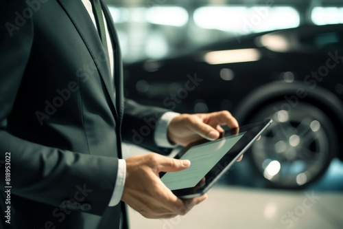 Close up of unrecognizable car salesman using digital tablet. Close up of unrecognizable salesperson using touchpad in a car showroom photo