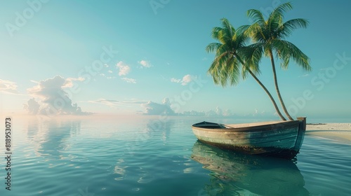 A small boat is floating in the ocean with a palm tree on top