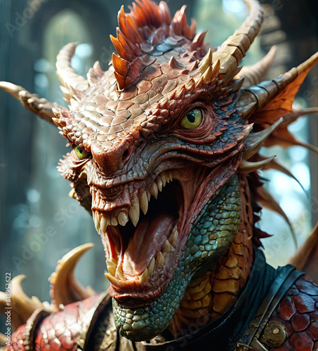 Dynamic Action Portrait of Laughing Dragonborn Hunter Ranger Gen AI