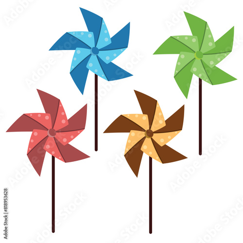 Colored pinwheel Multicolor toy paper windmill Pinwheel with blades of different colors Flat style