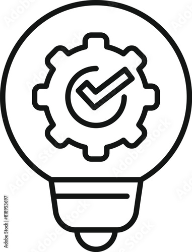 Vector icon of a lightbulb with an integrated gear and a tick representing a successful idea or innovation