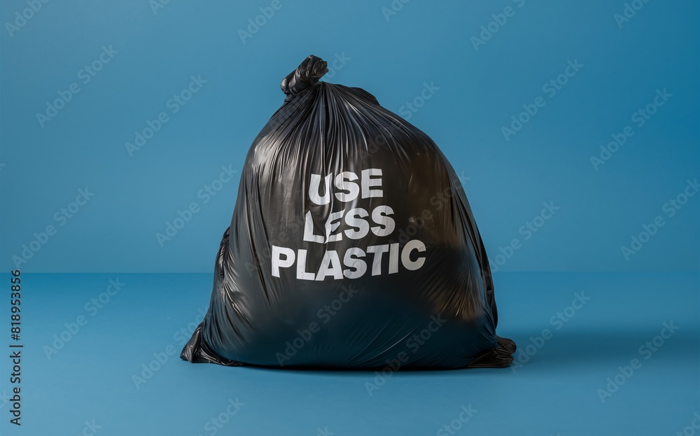 Naklejka premium Black plastic bag on a blue background and the inscription Use less plastic