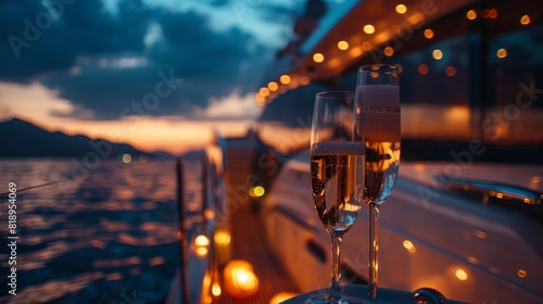 A couple is enjoying a romantic evening on a boat