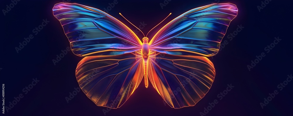 Fototapeta premium Mesmerizing Neon Butterfly Metallic Wings Shimmering in the Dark Evoking a Surreal Transformation