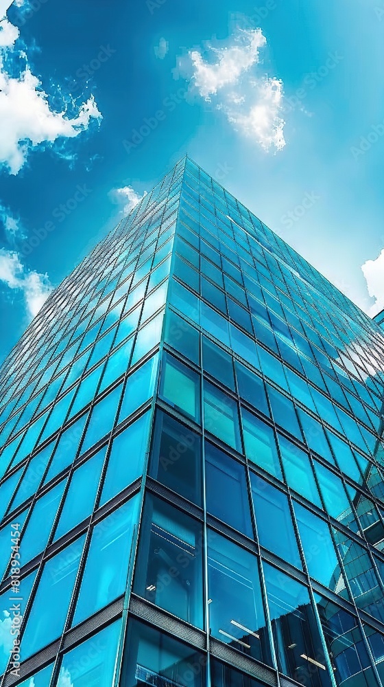 Fototapeta premium Sky reflecting into a glass skyscraper, seen from below