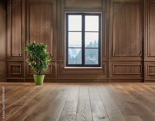 empty room with dark wood paneling and window  Luxury wood paneling background or texture. highly crafted classic or traditional wood paneling