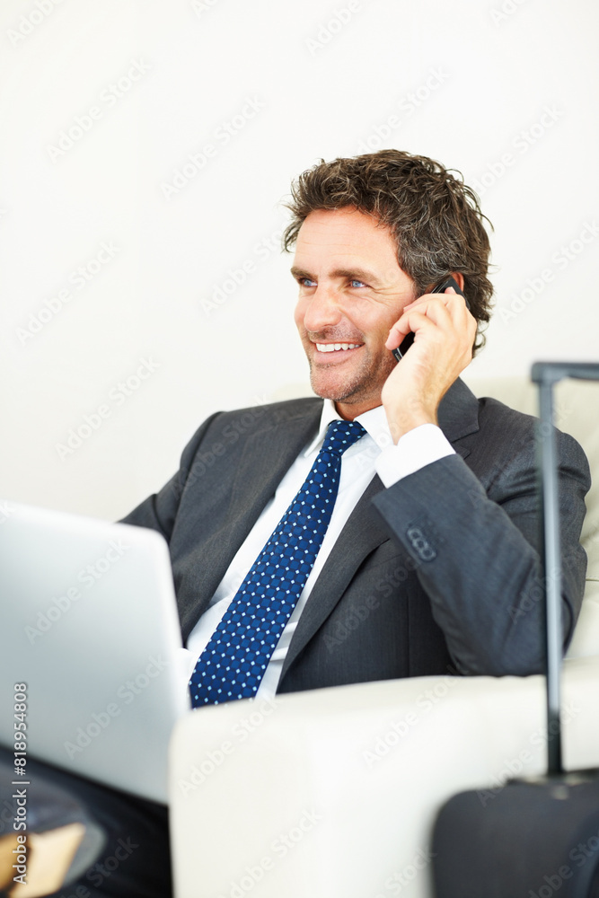 Business man, phone call and airport for planning, networking and international opportunity with suitcase. Corporate investor on mobile thinking of travel or global investment with laptop and luggage Business man, phone call and airport for planning, networking and international opportunity with suitcase. Corporate investor on mobile thinking of travel or global investment with laptop and luggage