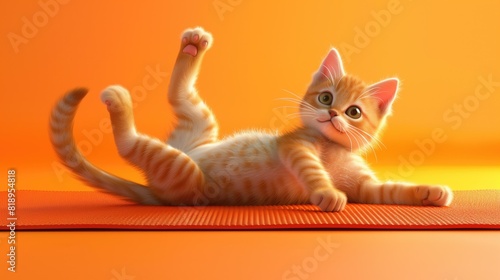 Funny cartoon 3D kitten on yoga mat making morning exersises for mental health photo