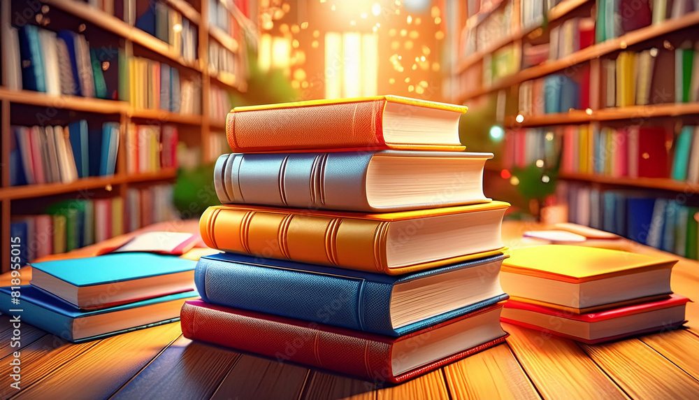 Stacks of colorful books sit on a table in a library. The background is a warm, quiet library atmosphere Stacks of colorful books sit on a table in a library. The background is a warm, quiet library atmosphere
