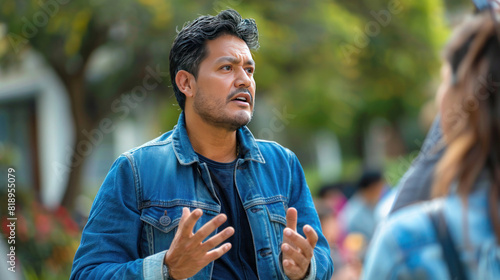 40-year man guide in denim jacket gives a tour to tourists, emotionally telling an interesting story photo