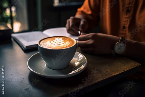 close up photo of man hands holding cappuccino cup while reading notes from notebook in a coffee shop