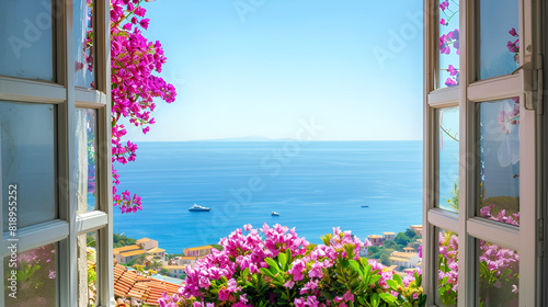Mediterranean View From Open Window Flowers Over sea said ai generative
