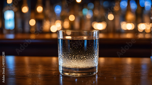 a glass of water sits on a table with a blurry background of lights.