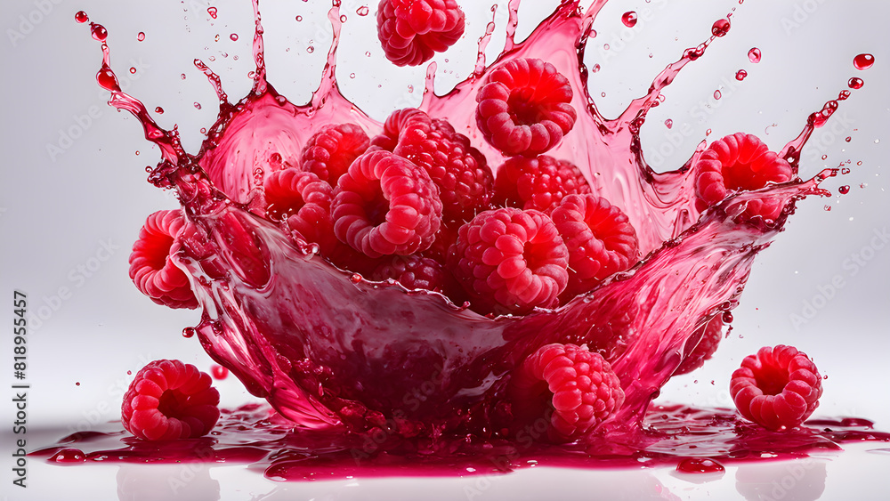 a bowl of raspberries with a splash of red liquid. a bowl of raspberries with a splash of red liquid.