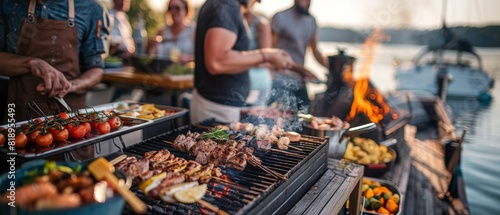 A group of people are gathered around a grill, cooking food photo