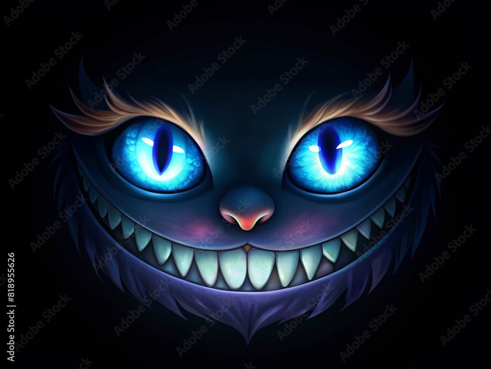 Mad cheshire smile and eyes on black background.
