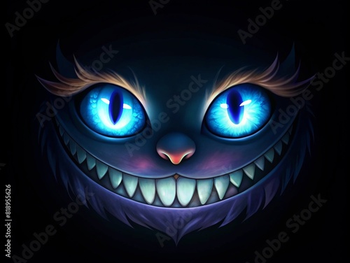 Obraz na płótnie Mad cheshire smile and eyes on black background. w salonie