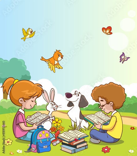 cute children reading books in the park.education concept vector illustration © serkan
