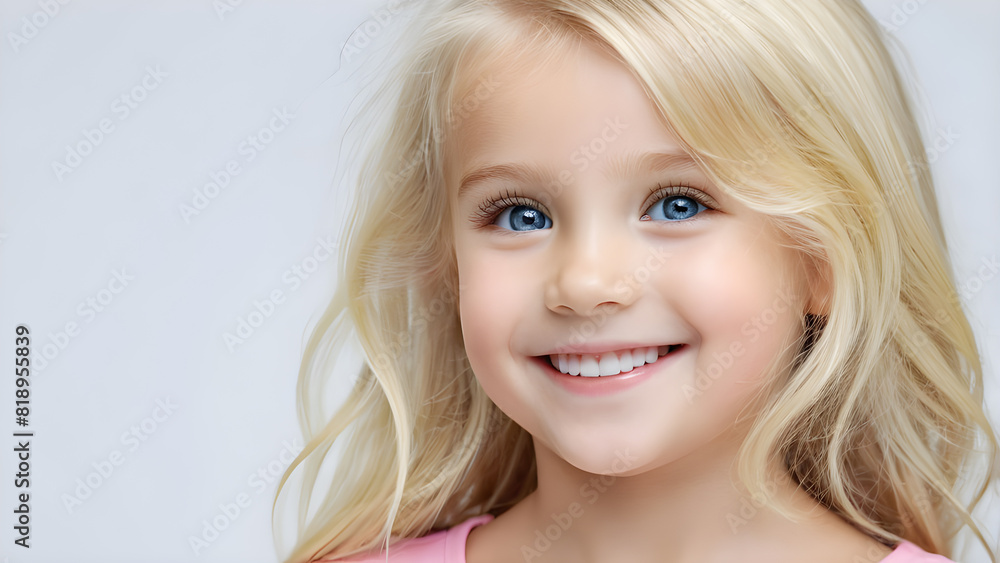 white background, copy space. a young girl with blue eyes smiles with a white background. white background, copy space. a young girl with blue eyes smiles with a white background.