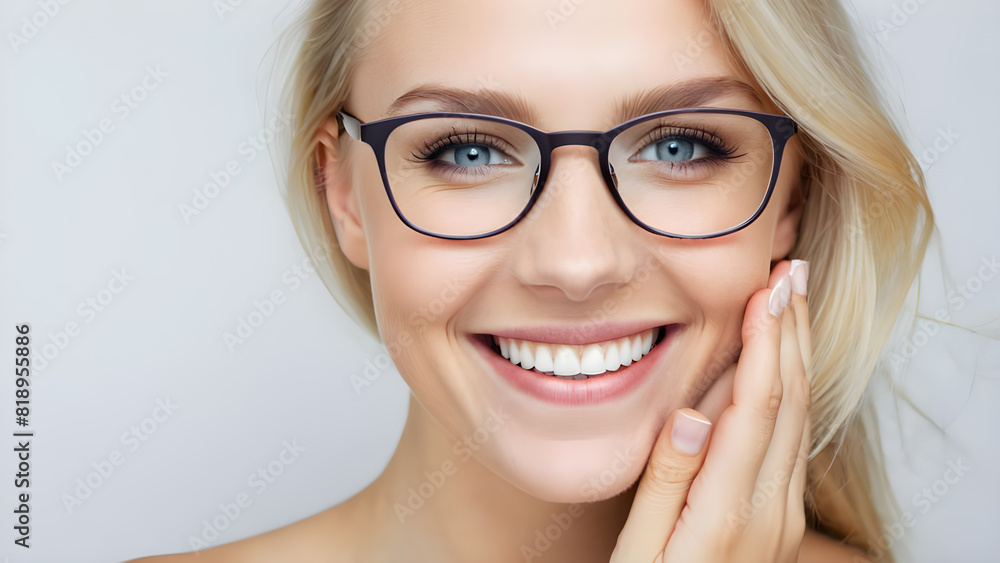 white background, copy space. a woman wearing glasses with a smile that says smile . white background, copy space. a woman wearing glasses with a smile that says smile .