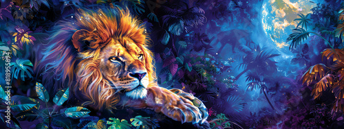 Capture a majestic lion, with golden fur glistening under a mystical moonlight Envision a dreamlike jungle backdrop, lush and vibrant, with surreal hues blending seamlessly photo