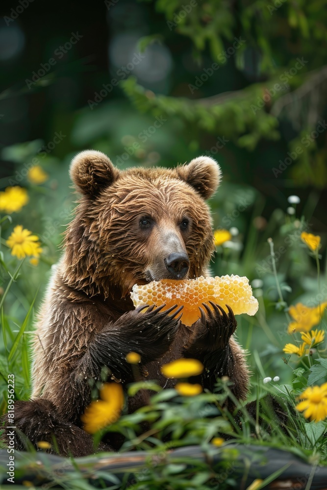Obraz premium bear eats honey on the background of nature. Selective focus