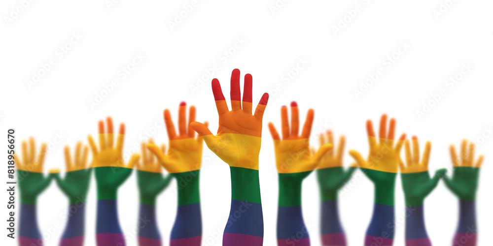 LGBT pride month with rainbow flag pattern on LGBTQ+, LGBTQIA, gay, lesbian people hands isolated on white background for International day against homophobia and transphobia LGBT pride month with rainbow flag pattern on LGBTQ+, LGBTQIA, gay, lesbian people hands isolated on white background for International day against homophobia and transphobia