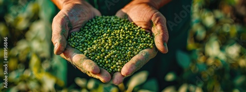 the farmer holds green buckwheat in his hands. Selective focus photo